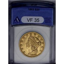 	1863 $20 VF35 ANACS. Bright honey-gold surfaces displa 1863