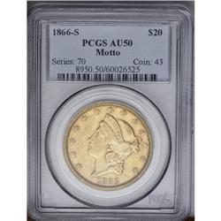 	1866-S $20 Motto AU50 PCGS. This AU50 specimen display 1866-S
