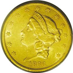 	1866-S $20 Motto AU55 PCGS. Although somewhat subdued, 1866-S