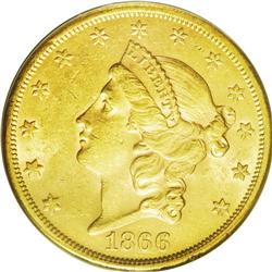 	1866-S $20 Motto AU58 PCGS. The 1866-S With Motto doub 1866-S