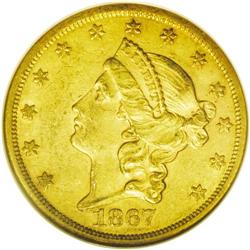 	1867-S $20 AU58 NGC. Quite lustrous with average or be 1867-S
