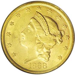	1868-S $20 AU58 PCGS. Well detailed with satiny, origi 1868-S