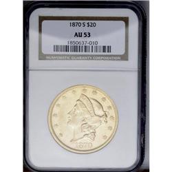 	1870-S $20 AU53 NGC. Like most San Francisco double ea 1870-S