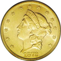 	1872 $20 AU58 PCGS. The semi-prooflike surfaces are ty 1872
