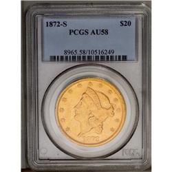 	1872-S $20 AU58 PCGS. Peach-gold surfaces display ampl 1872-S