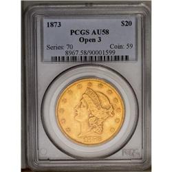 	1873 $20 Open 3 AU58 PCGS. Rich honey-gold surfaces se 1873