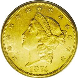 	1874-CC $20 AU58 PCGS. A nicely struck representative 1874-CC