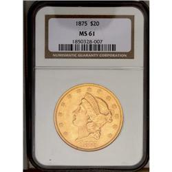 	1875 $20 MS61 NGC. Well struck with coruscating luster 1875