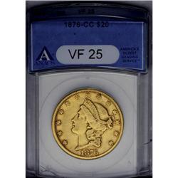 	1876-CC $20 VF25 ANACS. Bright yellow-gold surfaces ex 1876-CC