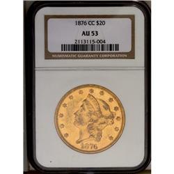 	1876-CC $20 AU53 NGC. Variety 1-A. The variety is attr 1876-CC