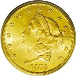 	1876-S $20 MS62 PCGS. A lustrous sunrise-gold San Fran 1876-S