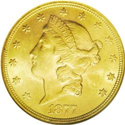 	1877-S $20 MS62 NGC. First obverse hub, star 4 points 1877-S