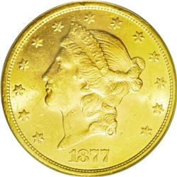	1877-S $20 MS62 PCGS. Second obverse hub, star 4 point 1877-S