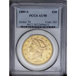 	1889-S $20 AU58 PCGS.From The Jackson Hole Collection. 1889-S