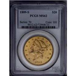 	1889-S $20 MS62 PCGS. This lustrous green-gold double 1889-S