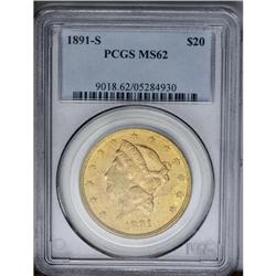 	1891-S $20 MS62 PCGS. A shimmering green-gold represen 1891-S
