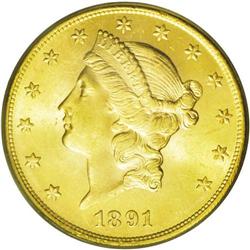	1891-S $20 MS63 PCGS. A bright canary-gold example wit 1891-S