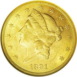 	1891-S $20 MS63 NGC. A common S-mint twenty Liberty an 1891-S