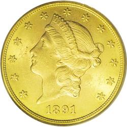 	1891-S $20 MS63 PCGS. Boldly struck with a moderate nu 1891-S