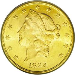 	1892-S $20 MS63 PCGS. A fully lustrous and lightly abr 1892-S