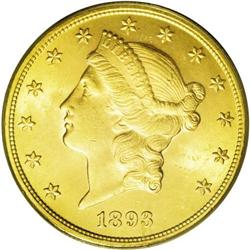 	1893 $20 MS63 PCGS. This charming double eagle has exc 1893