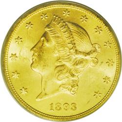 	1893 $20 MS64 PCGS. While the 1893 half eagle and eagl 1893