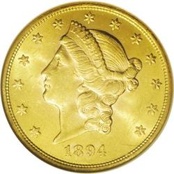 	1894-S $20 MS63 NGC. Dazzling luster enlivens both sid 1894-S