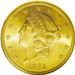 	1895 $20 MS64 NGC. Vibrant luster dazzles smooth olive 1895