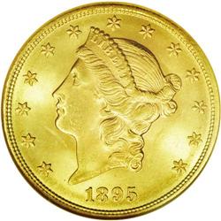 	1895 $20 MS64 NGC. Lustrous and fully struck, showing 1895