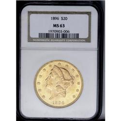 	1896 $20 MS63 NGC. Frosty luster and a strong strike d 1896