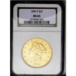 	1896-S $20 MS63 NGC. This double eagle exudes excellen 1896-S