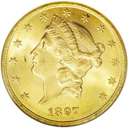 	1897 $20 MS64 NGC. Apricot-gold surfaces display pleas 1897