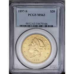 	1897-S $20 MS63 PCGS. Typically lustrous with pastel a 1897-S