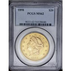 	1898 $20 MS62 PCGS. A few scattered marks are visible 1898