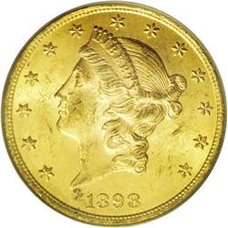 	1898 $20 MS63 PCGS. Exceptionally lustrous with nicely 1898