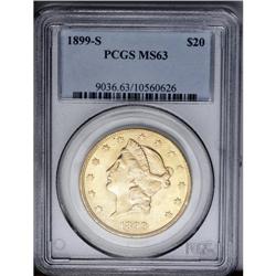 	1899-S $20 MS63 PCGS. Bright overall and yellow-gold i 1899-S