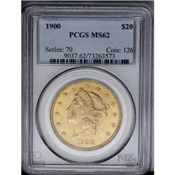 	1900 $20 MS62 PCGS. The dusky copper-gold and olive su 1900
