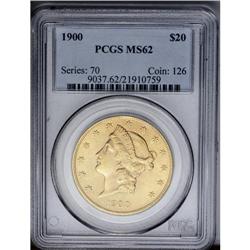 	1900 $20 MS62 PCGS. A satiny green-gold Liberty double 1900