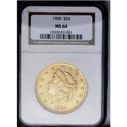	1900 $20 MS64 NGC. A beautiful green-gold Type Three t 1900