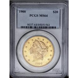 	1900 $20 MS64 PCGS. Greenish-gold toning hugs the devi 1900