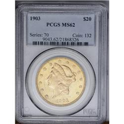 	1903 $20 MS62 PCGS. Creamy satin luster flows across t 1903