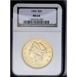 	1903 $20 MS64 NGC. Creamy satin luster flows across th 1903