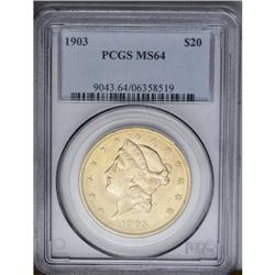 	1903 $20 MS64 PCGS. Satiny peach-gold surfaces radiate 1903