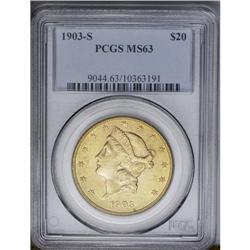 	1903-S $20 MS63 PCGS. Lovely yellow-gold and peach ton 1903-S