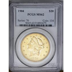 	1904 $20 MS62 PCGS. Dazzling luster glitters over both 1904