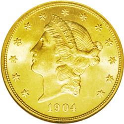 	1904 $20 MS64 NGC. This clean, well struck example sho 1904
