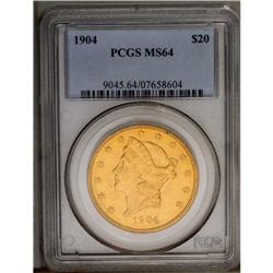 	1904 $20 MS64 PCGS. Well struck with even green-gold c 1904