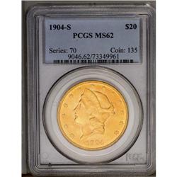 	1904-S $20 MS62 PCGS. Deep green-gold and peach toning 1904-S