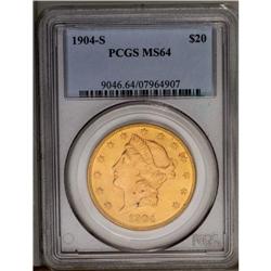 	1904-S $20 MS64 PCGS. Blazing luster accompanies the g 1904-S
