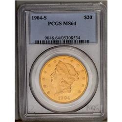 	1904-S $20 MS64 PCGS. A beautiful and extremely lustro 1904-S